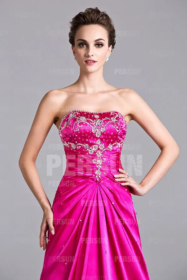 Robe de cérémonie fuchsia longue bustier brodé de sequins