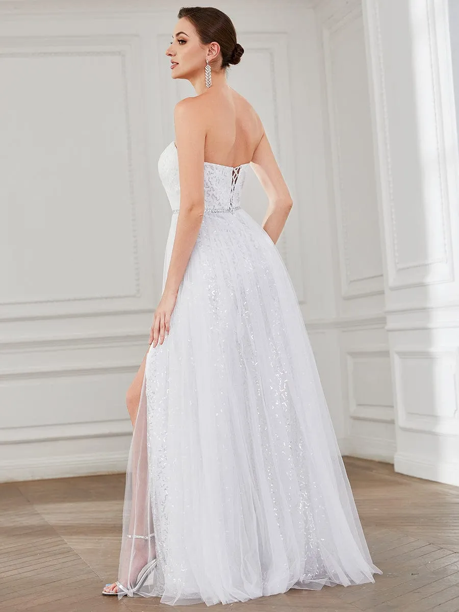 Robe de mariée fendue sur le côté sans manches en dentelle