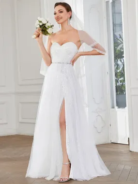 Robe de mariée fendue sur le côté sans manches en dentelle