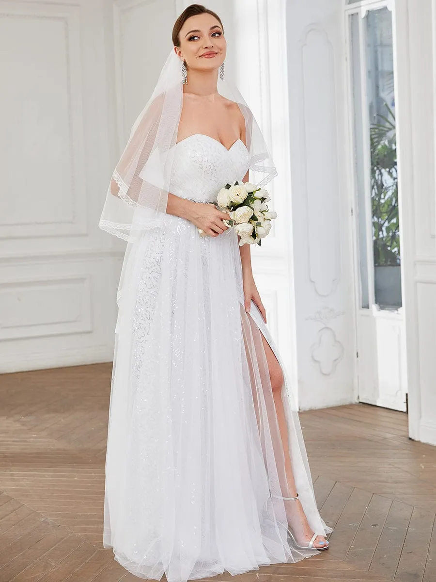 Robe de mariée fendue sur le côté sans manches en dentelle