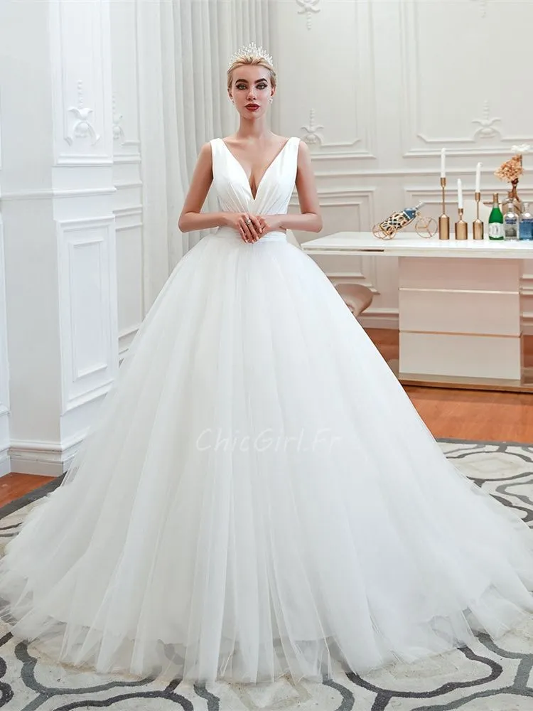 Robe De Mariée Princesse Simple Blanche Tulle Décolleté V Plongeant