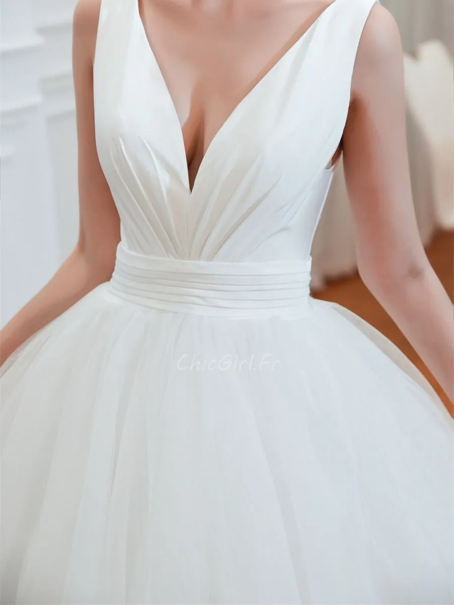 Robe De Mariée Princesse Simple Blanche Tulle Décolleté V Plongeant