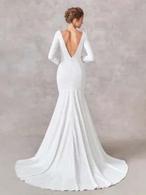 Robe De Mariée Sirène Satin Dos Nu Plongeant Manche Longue Avec Train