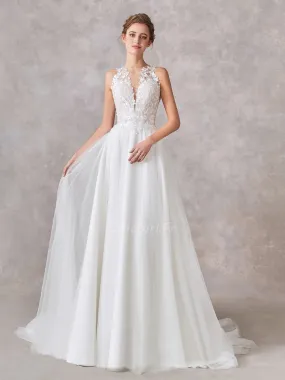 Robe De Mariée Trapèze élégante Tulle Dentelle Décolleté Plongeant Dos Couvert