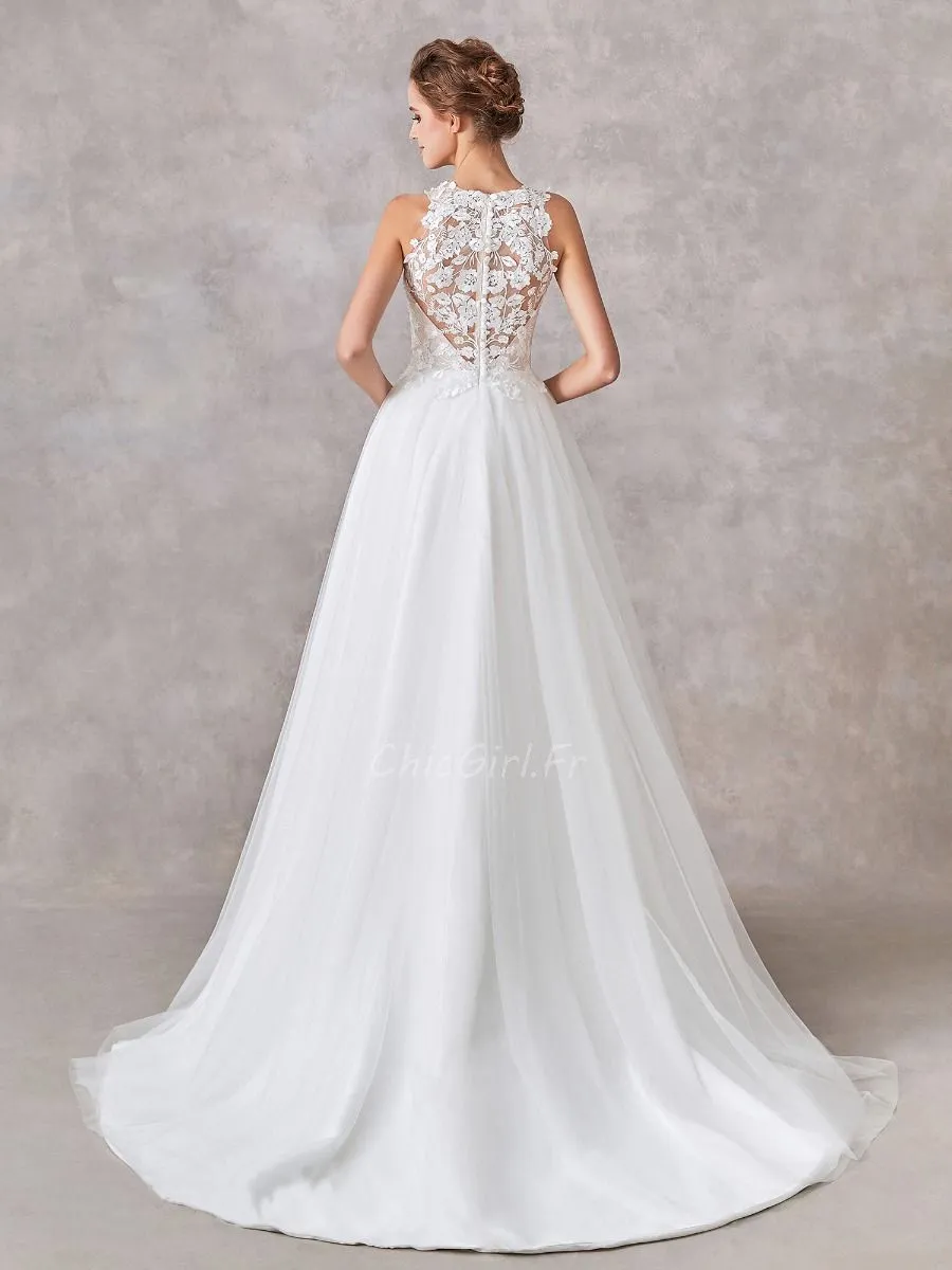 Robe De Mariée Trapèze élégante Tulle Dentelle Décolleté Plongeant Dos Couvert