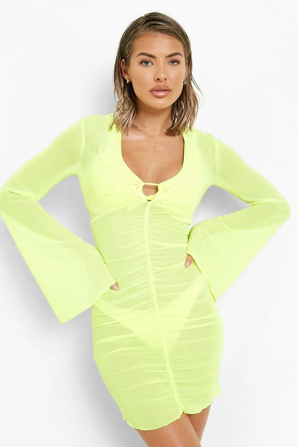 Robe de plage fluo en mesh à décolleté plongeant