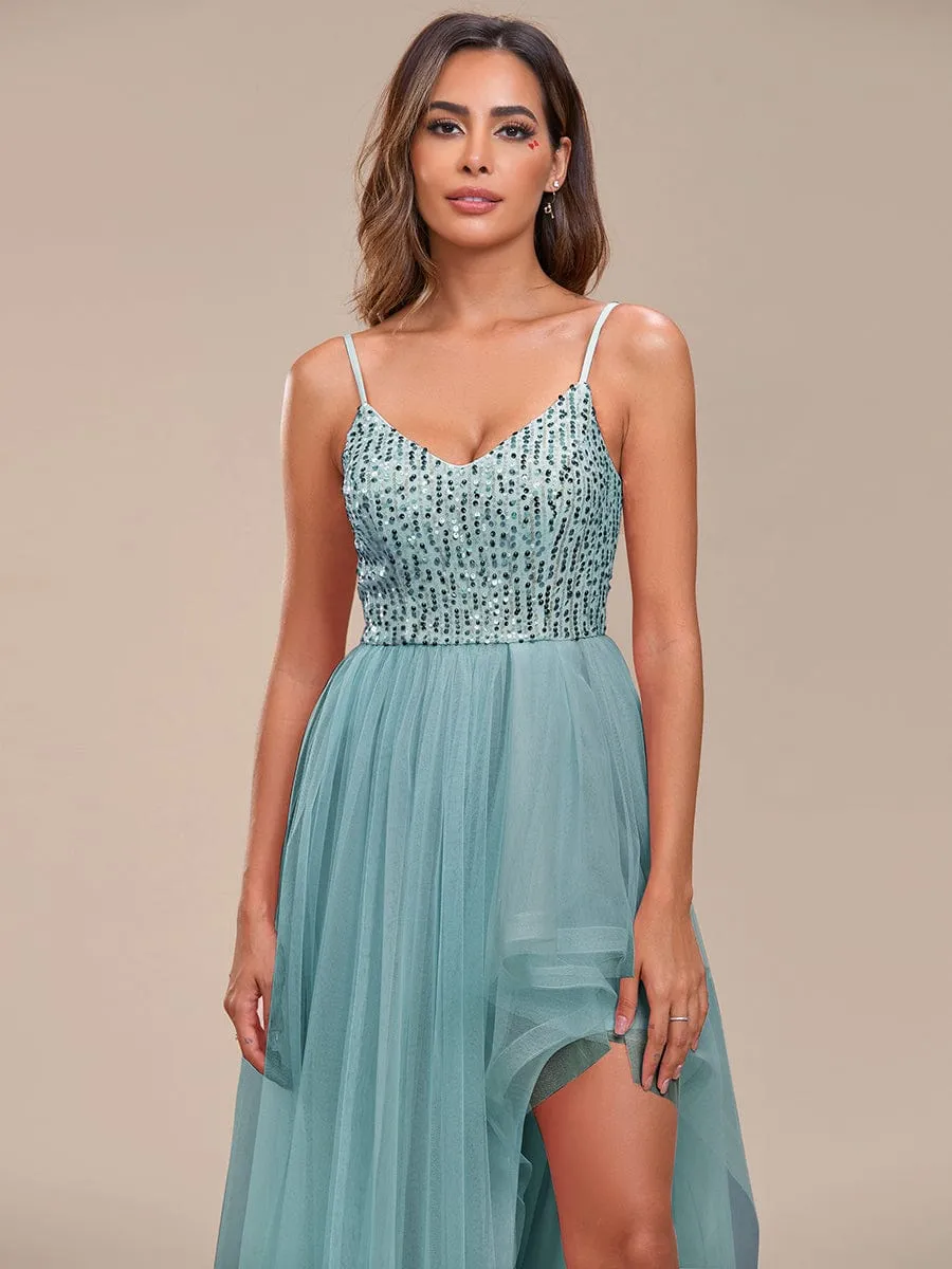 Robe de soirée A-Line en tulle haut-bas à sequins et bretelles fines