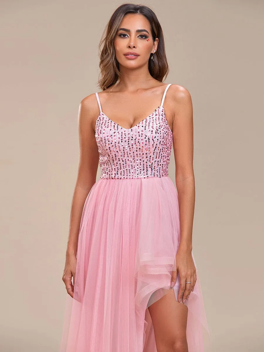 Robe de soirée A-Line en tulle haut-bas à sequins et bretelles fines