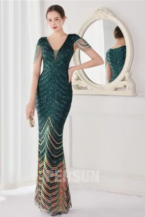 Robe de soirée longue verte sirène en sequins mancherons à franges - Robedesoireelongue.fr