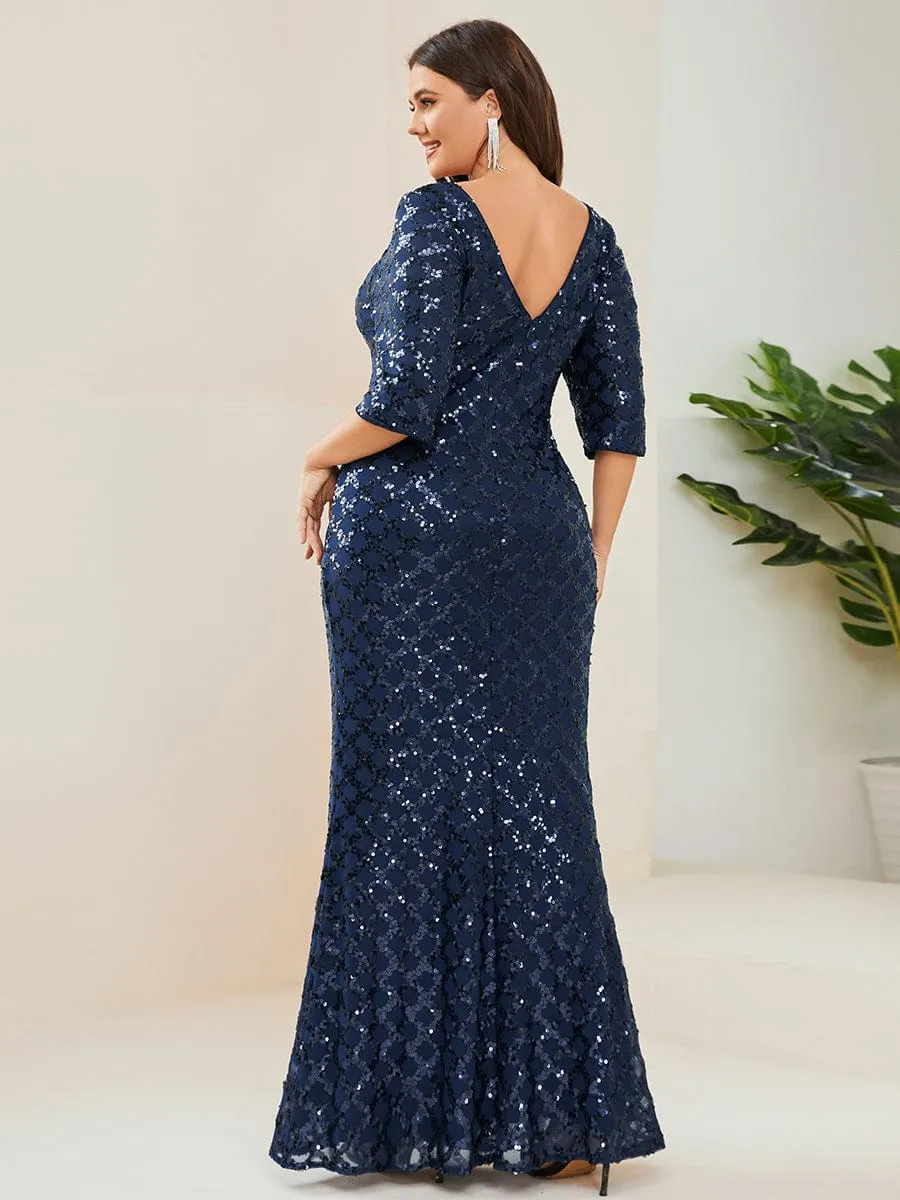 Robe de Soirée Moulante à Paillettes à Manches 3/4 et Col Bateau de Grande Taille