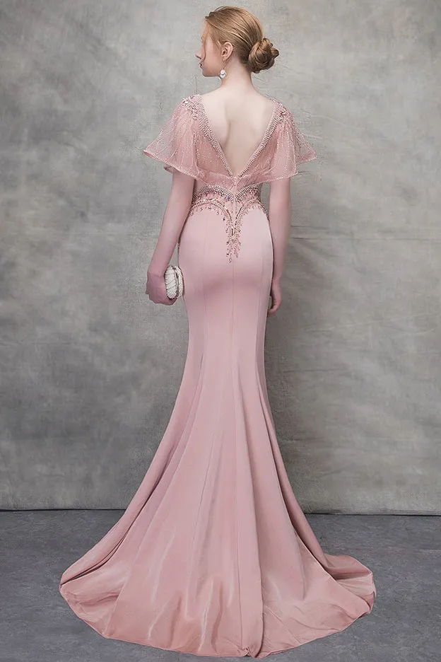 Robe de soirée vieux rose coupe sirène décolleté plongeant à manche évasée