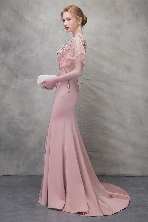 Robe de soirée vieux rose coupe sirène décolleté plongeant à manche évasée