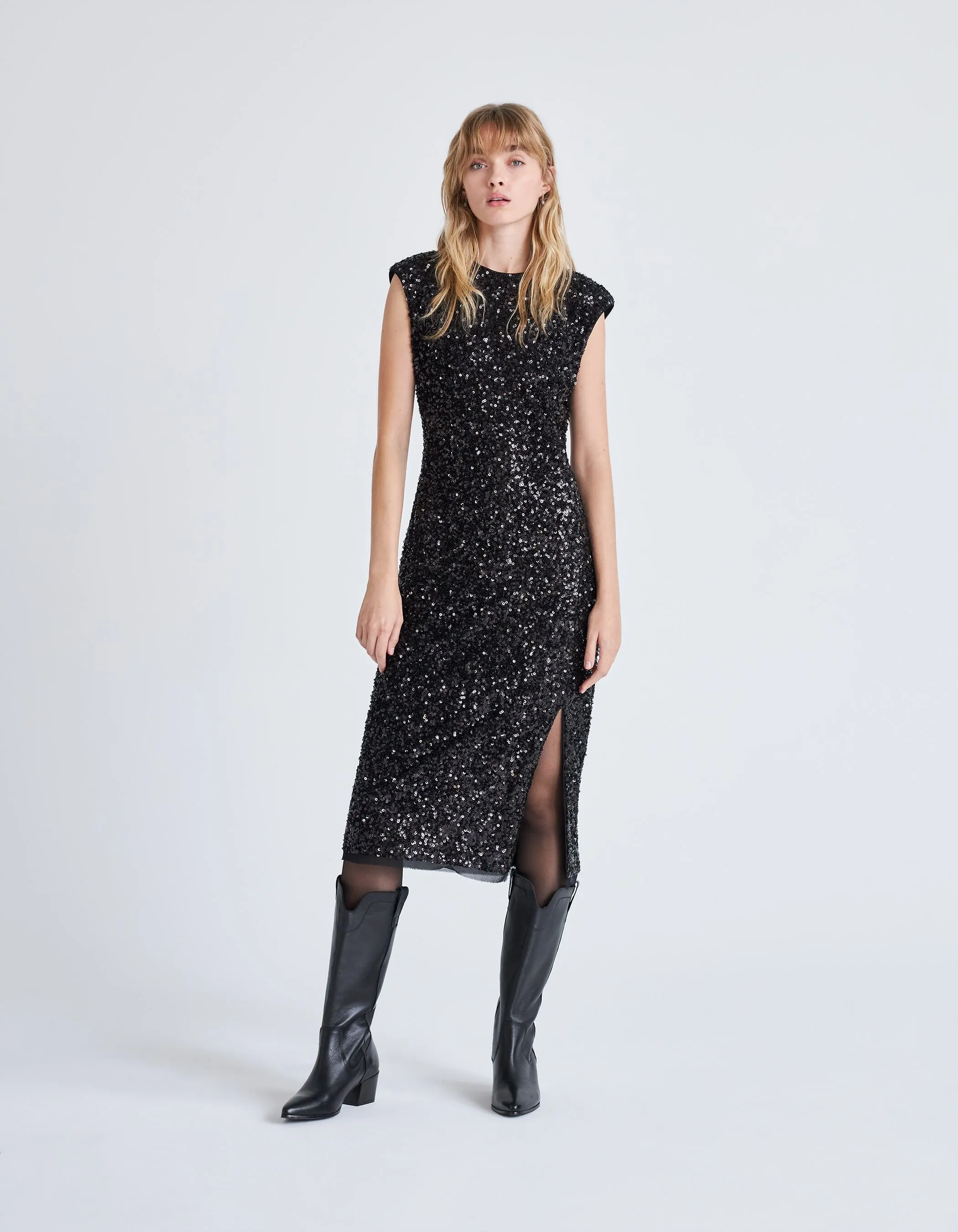 Robe fourreau noire entièrement brodée sequins Femme