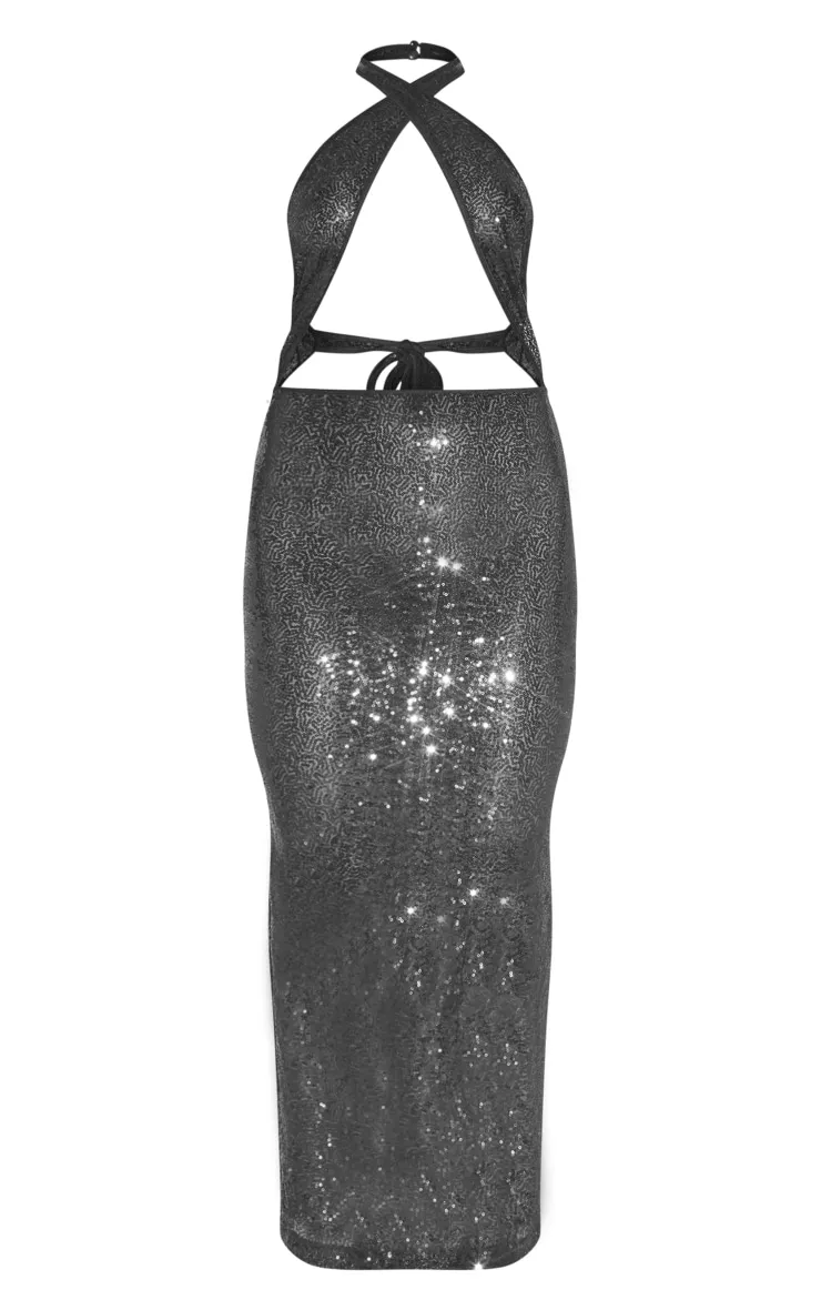 Robe longue découpée transparente noire à sequins et buste croisé