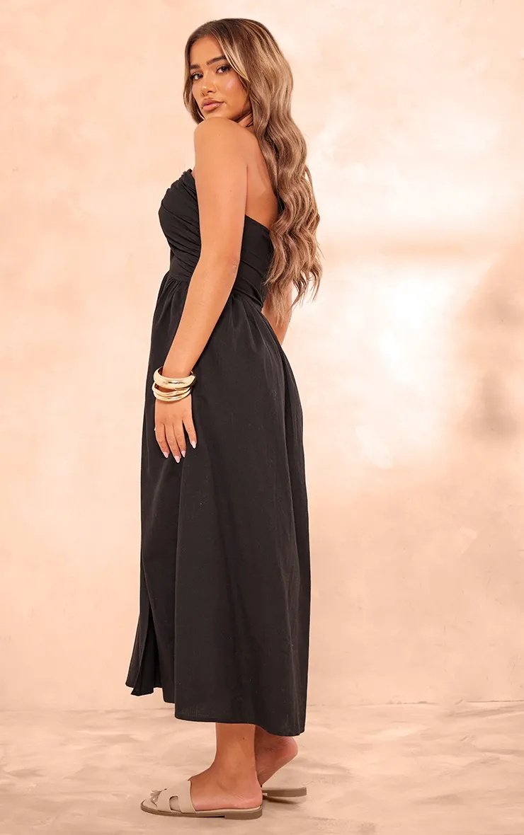 Robe longue effet lin noire à dos nu et décolleté plongeant