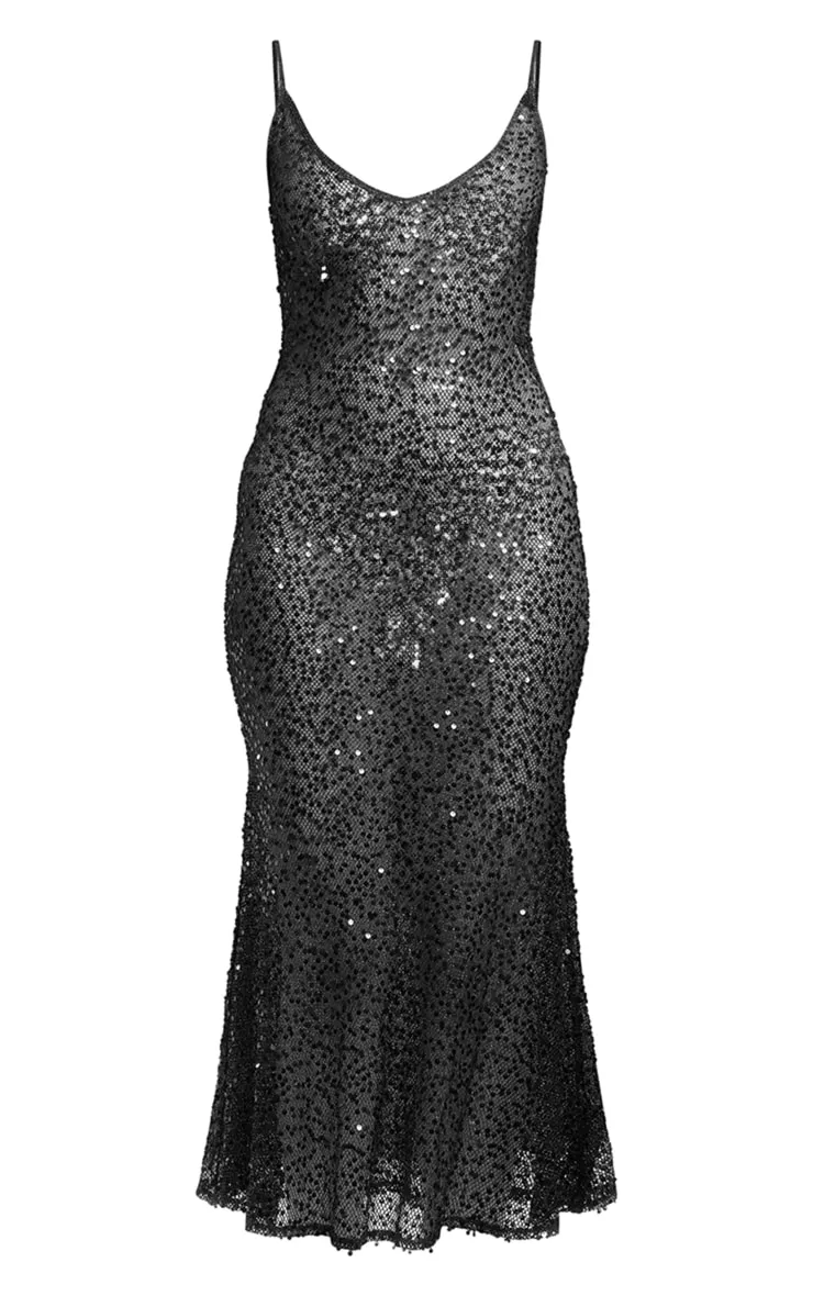 Robe longue en sequins noirs à col en V