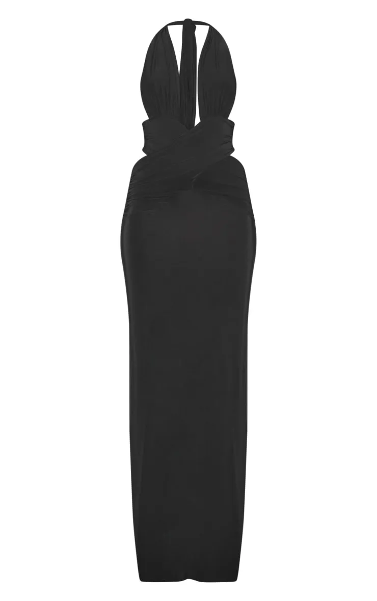 Robe longue moulante noire à décolleté très plongeant