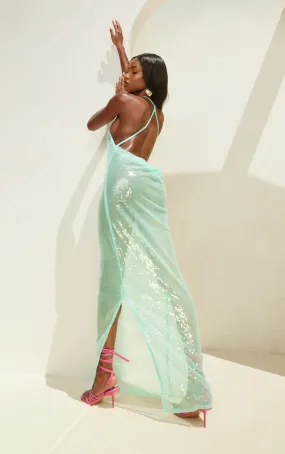 Robe longue transparente en sequins menthe à dos nu bénitier et bretelles croisées