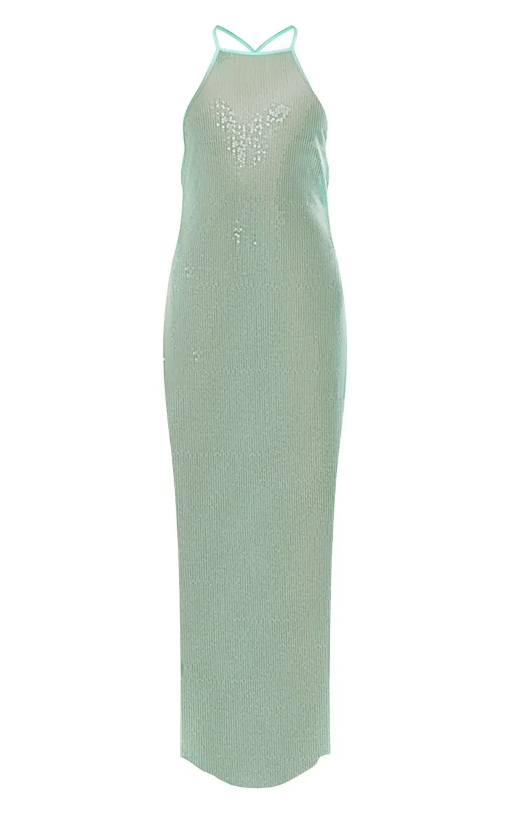 Robe longue transparente en sequins menthe à dos nu bénitier et bretelles croisées