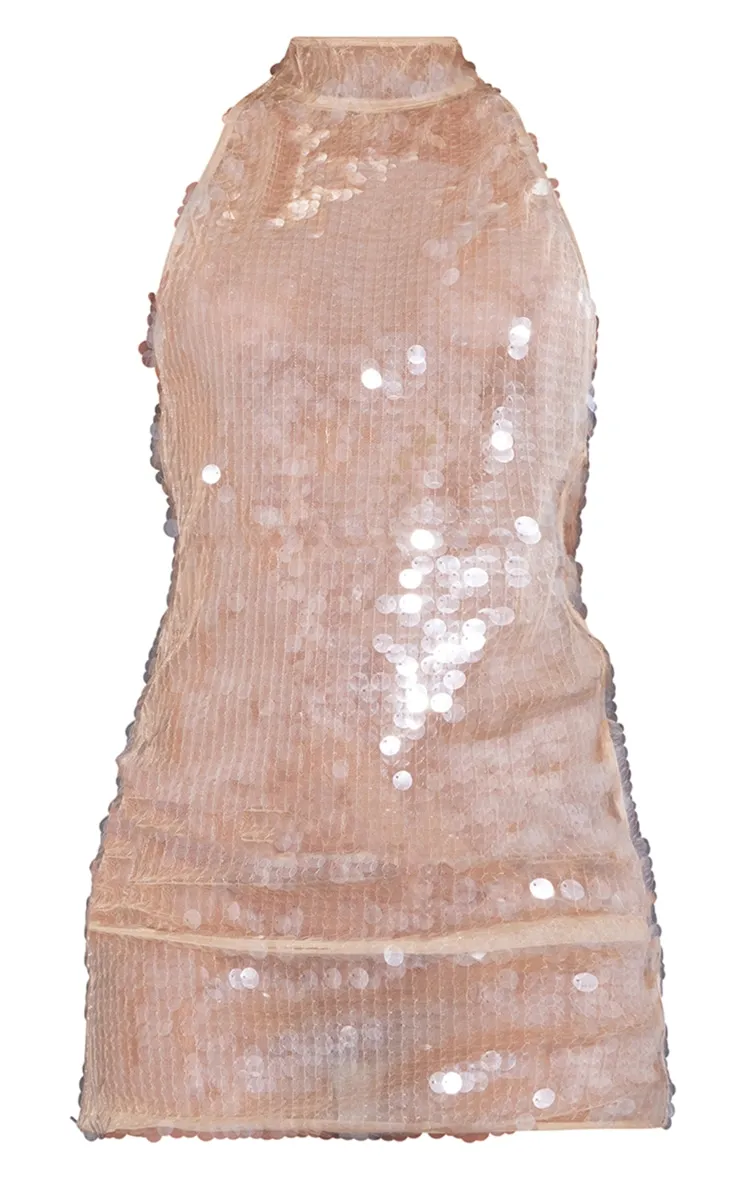 Robe moulante dos nu à sequins nude et col haut