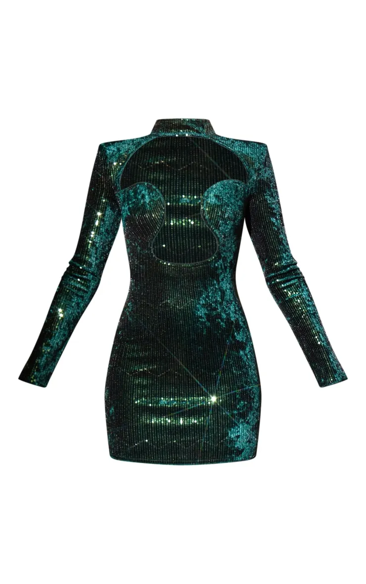 Robe moulante en sequins vert émeraude à manches longues et détail armatures