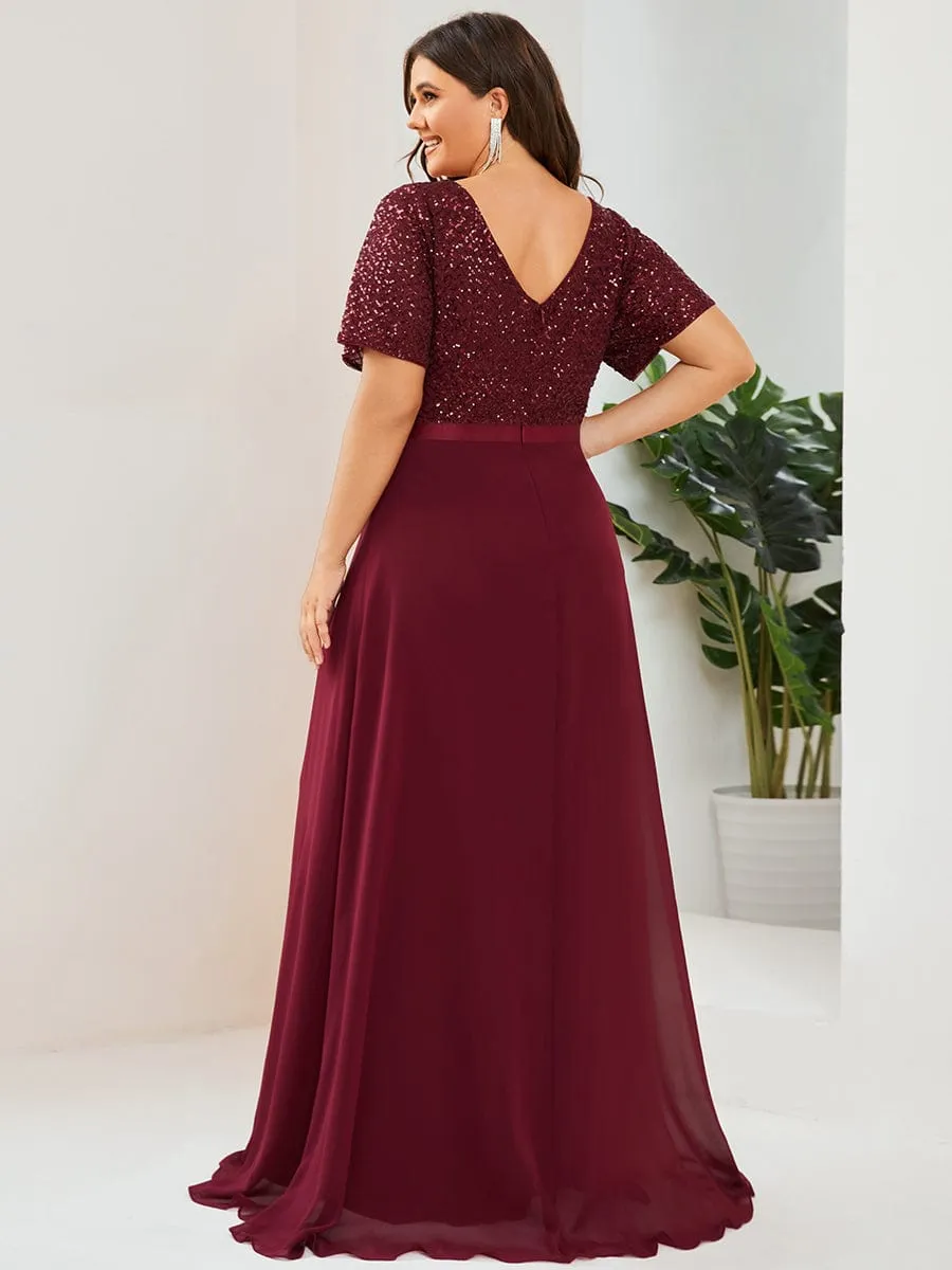 Robe Mère de la mariée Mousseline Manches courtes Sequins Grande taille