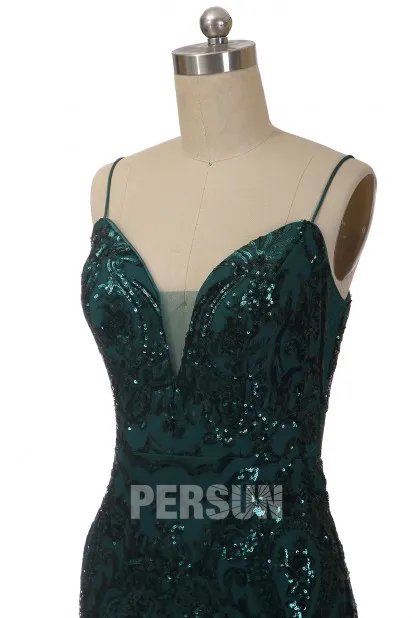 Robe sirène vert sapin longue col v en dentelle de sequins dos nu - Robedesoireelongue.fr