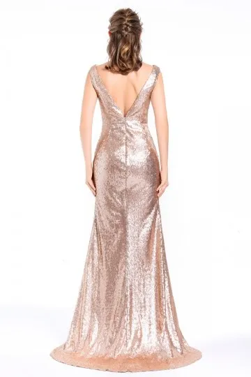 Robe soirée élégante en sequin sirène dos décolleté V plongeant