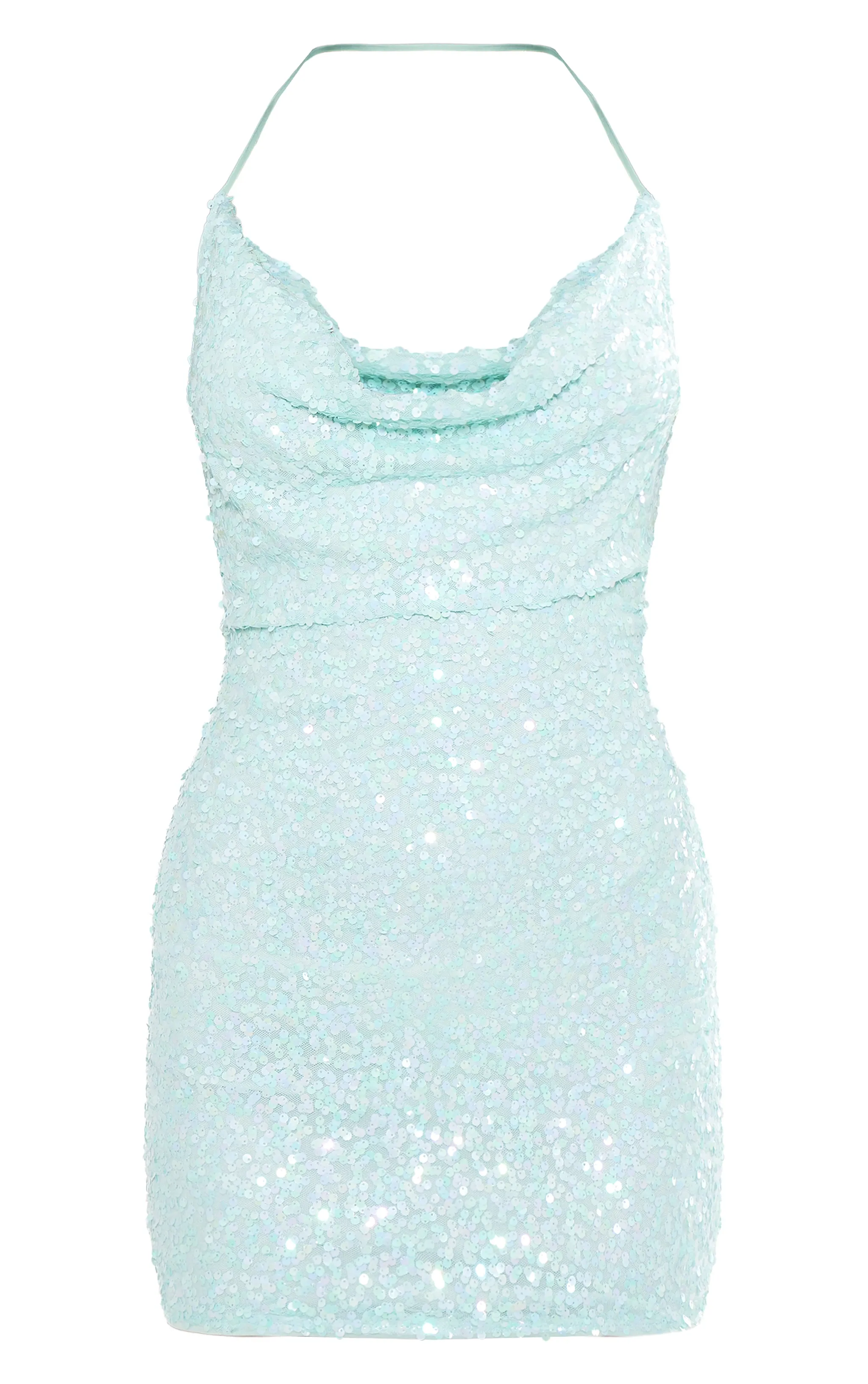 Robe turquoise dos nu col bénititer à sequins