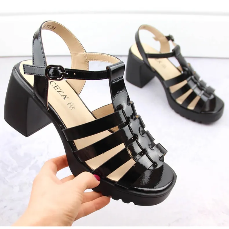 Sandales femme à talons hauts et plateforme en cuir verni, noir Vinceza 66621 le noir