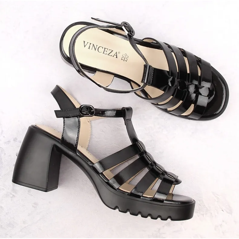 Sandales femme à talons hauts et plateforme en cuir verni, noir Vinceza 66621 le noir