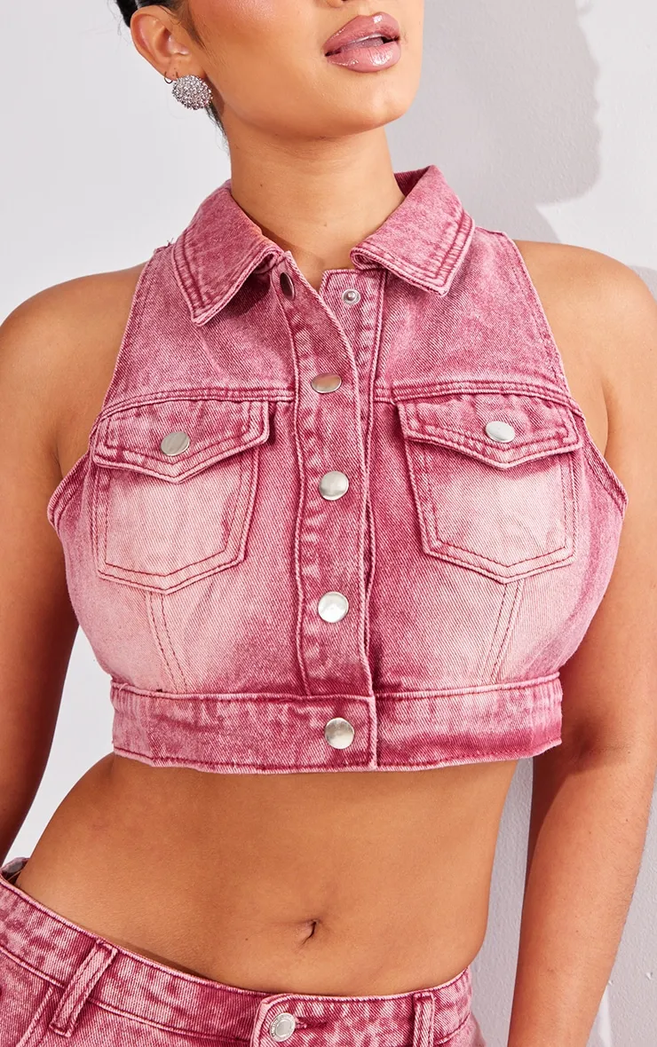 Shape Veste sans manches en jean rouge délavé à boutons