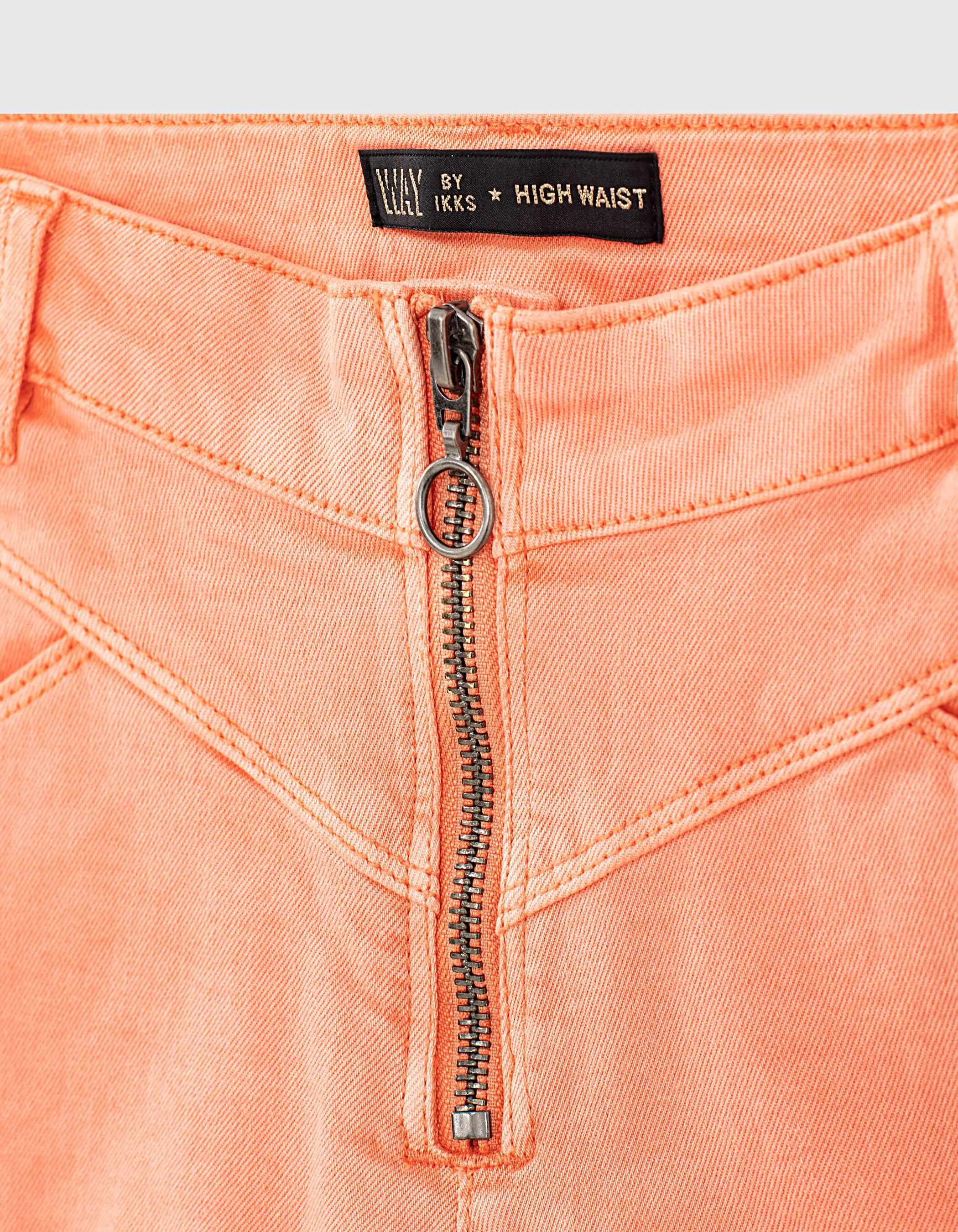 Short en jean corail fluo zippé à taille haute fille 