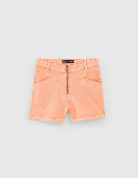 Short en jean corail fluo zippé à taille haute fille 