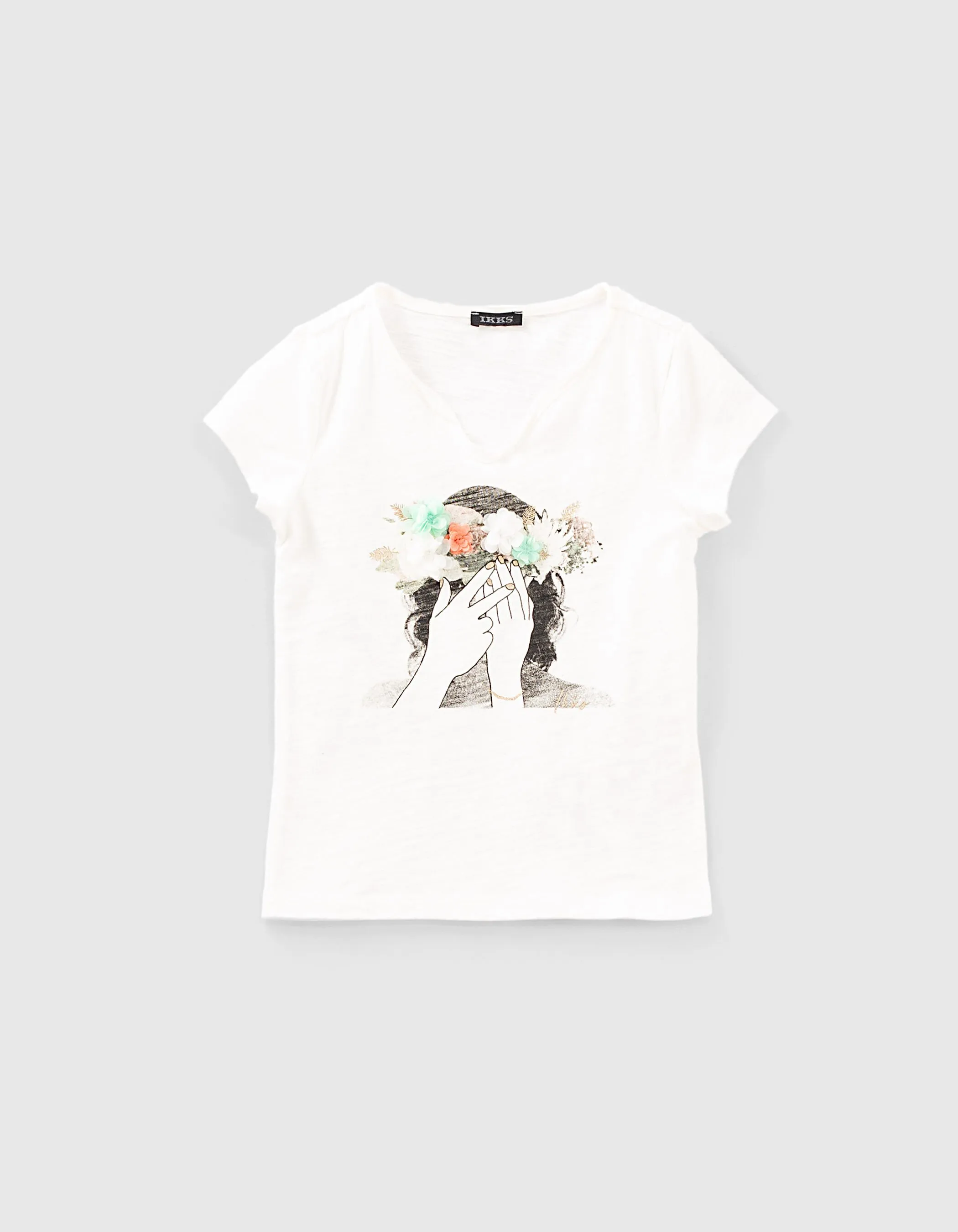 T-shirt blanc cassé avec couronne de fleurs 3D fille