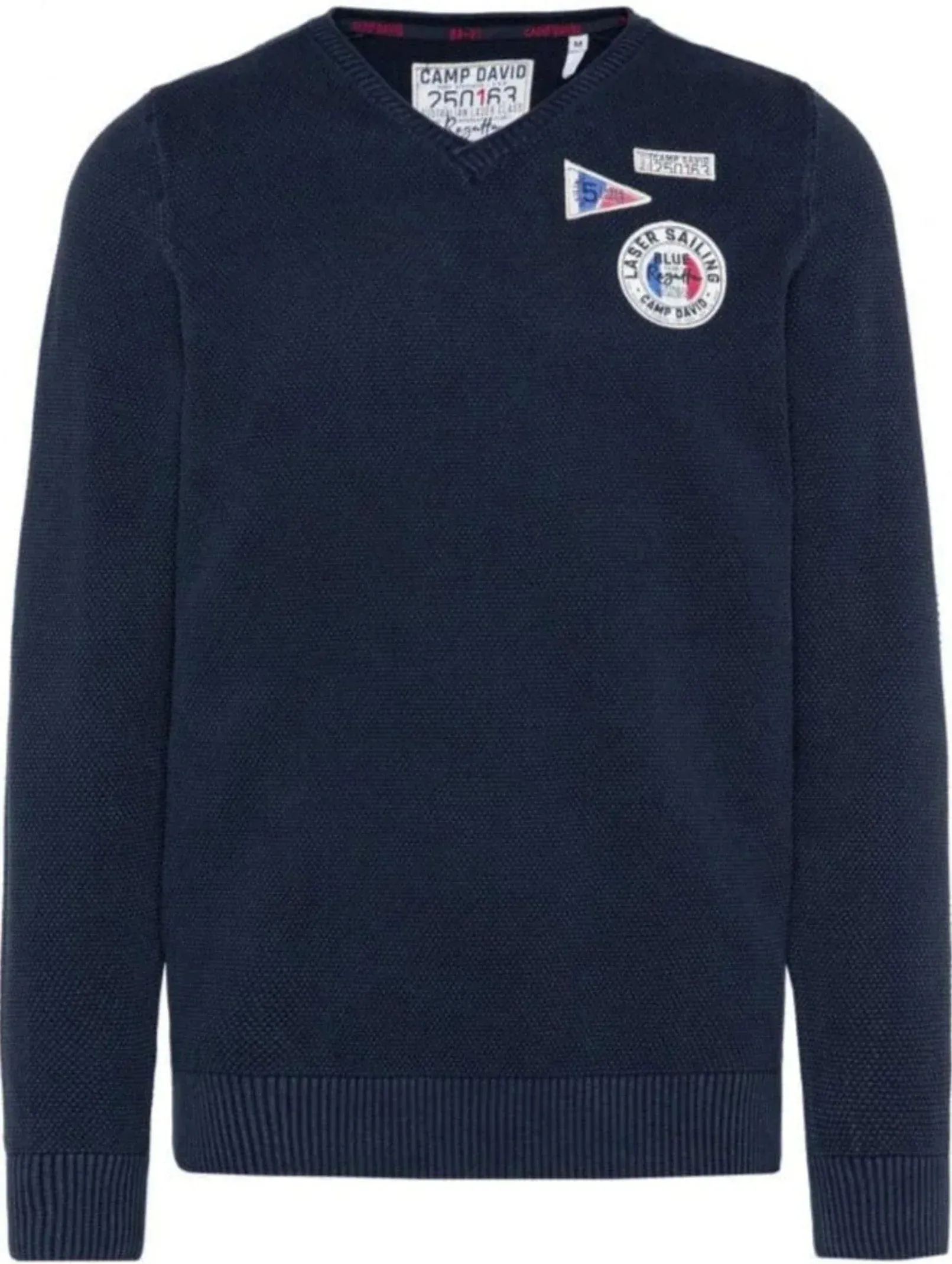 V-neck sweater with knit pattern and patches, dark blue