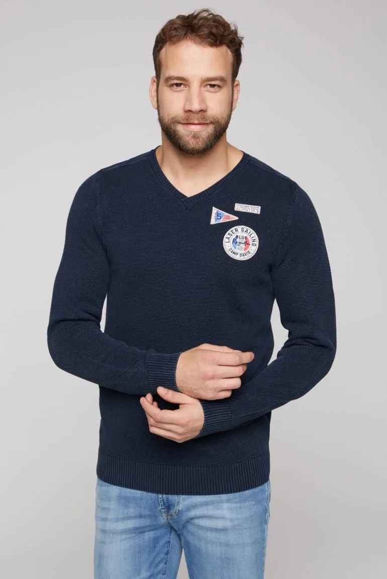 V-neck sweater with knit pattern and patches, dark blue