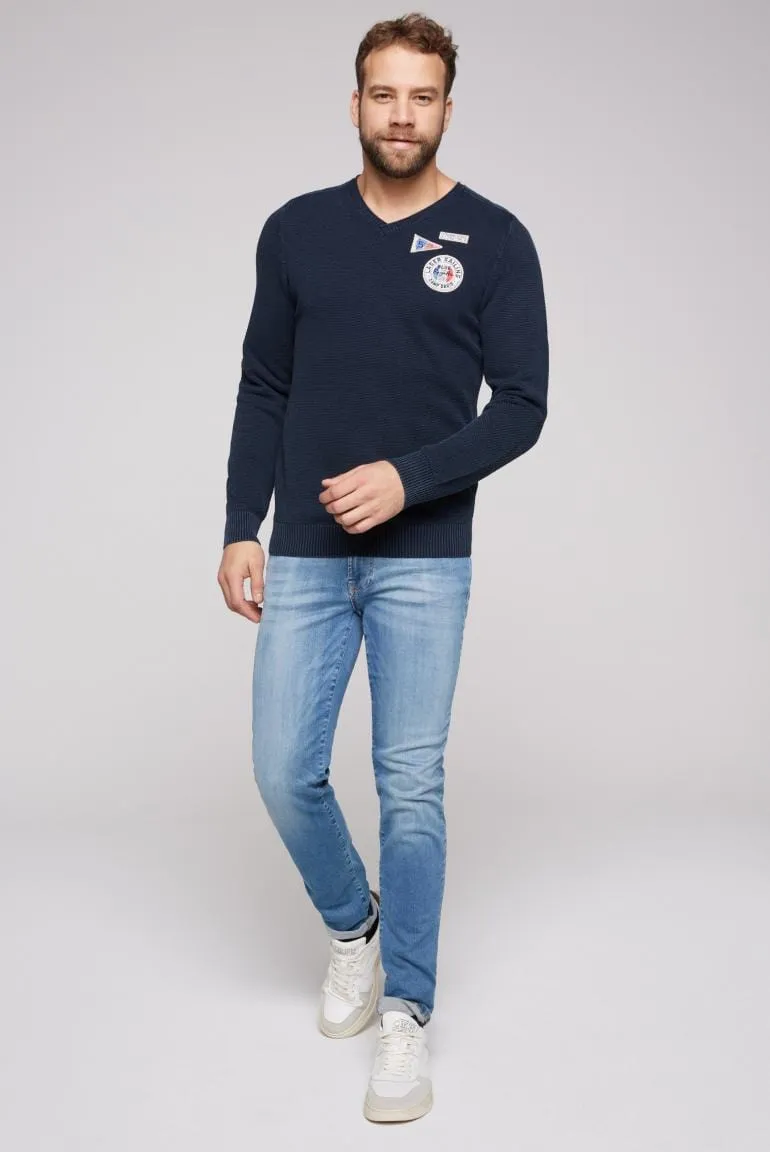 V-neck sweater with knit pattern and patches, dark blue