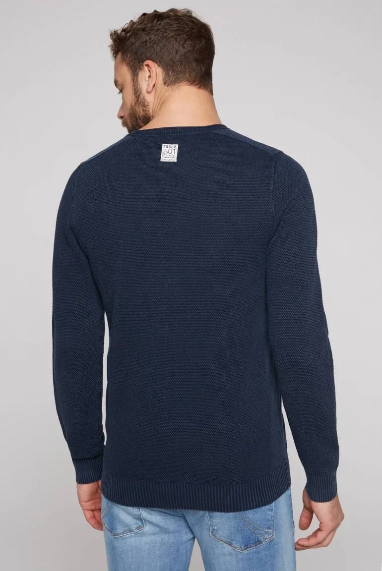 V-neck sweater with knit pattern and patches, dark blue