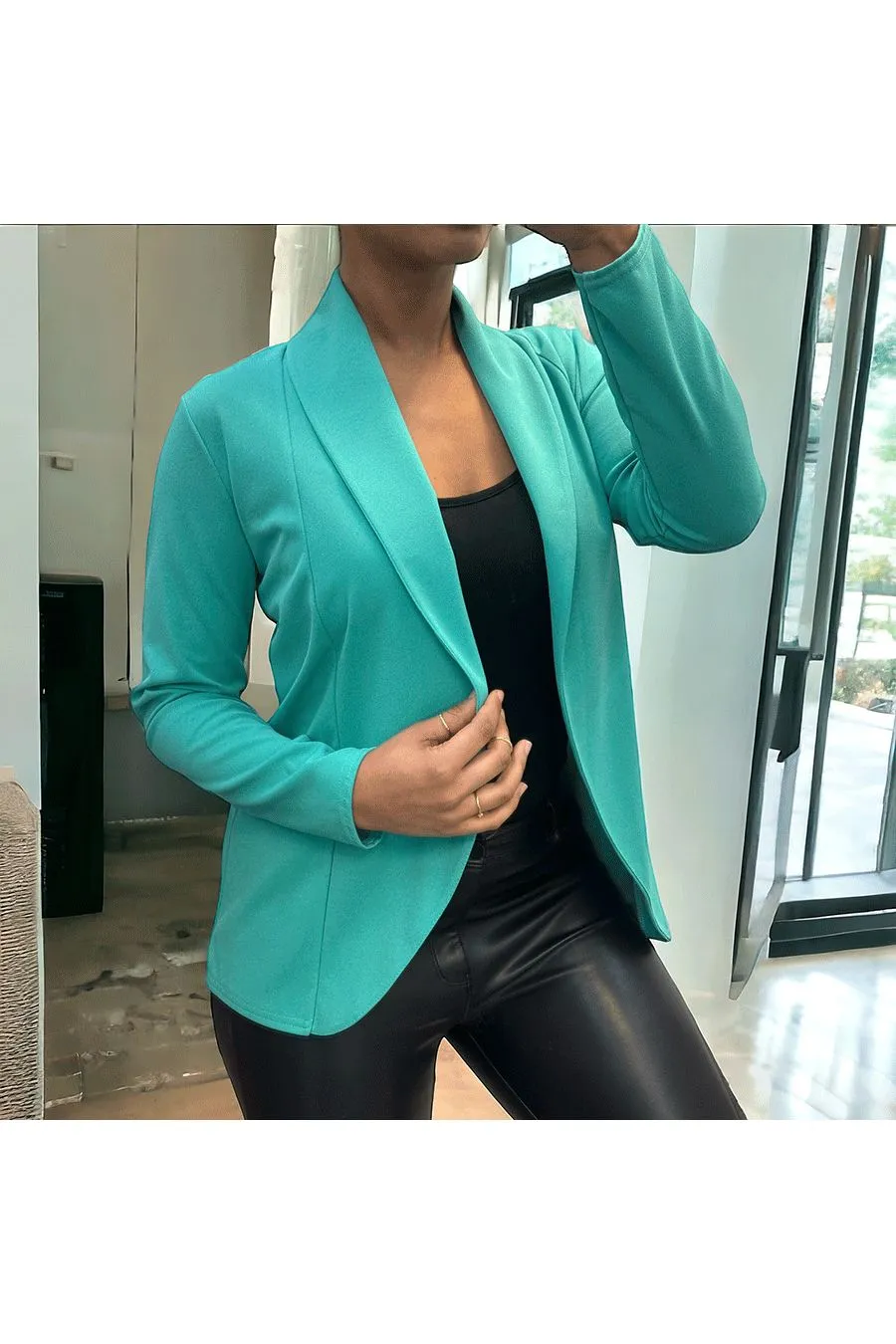 Veste Blazer vert d'eau col châle avec poches. Blazer femme 1526