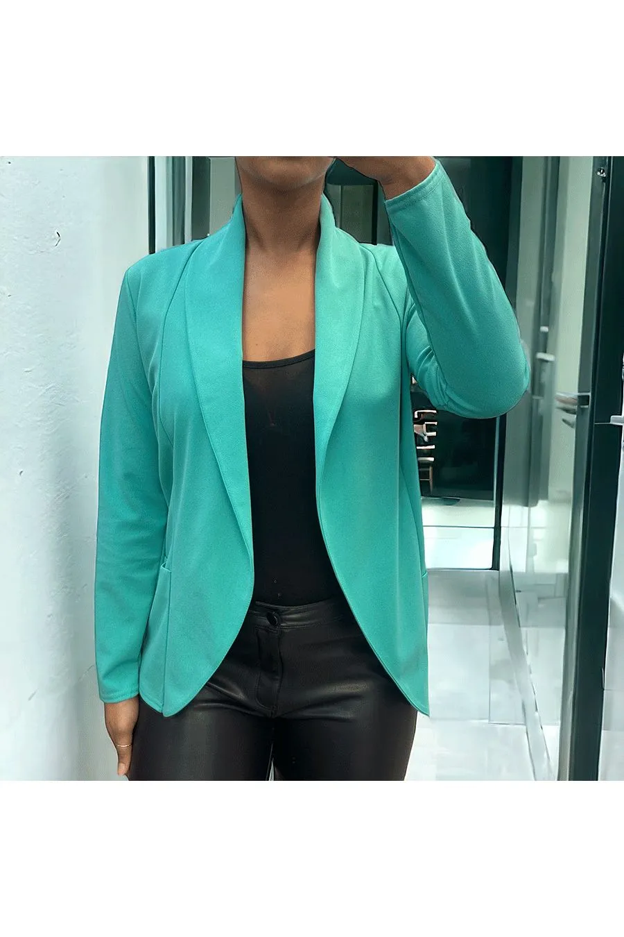 Veste Blazer vert d'eau col châle avec poches. Blazer femme 1526