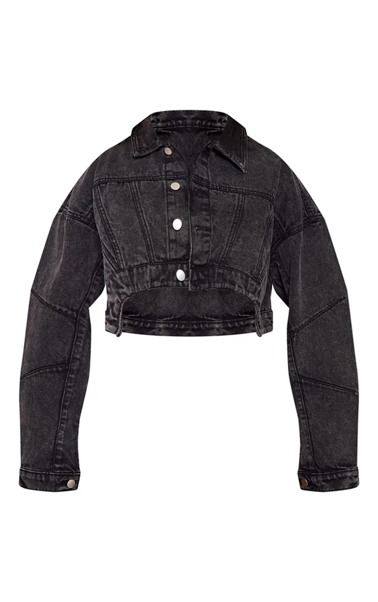 Veste en jean asymétrique noir délavé à détail coutures